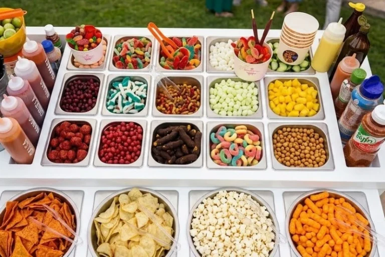 Mesa de dulces para fiestas en CDMX con dulces de colores, botanas y variedad de toppings