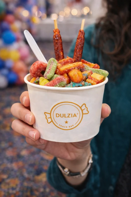 Vasito de dulces Dulzia para eventos en CDMX con gomitas, chamoy y topping de tamarindo